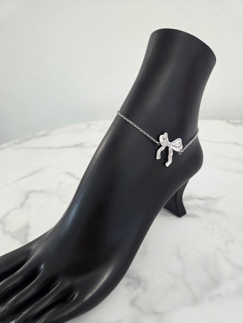 ​Silver Bow Charm Ankle Bracelet Dainty Y2K Coquette Summer Jewelry - Picture 5 of 11